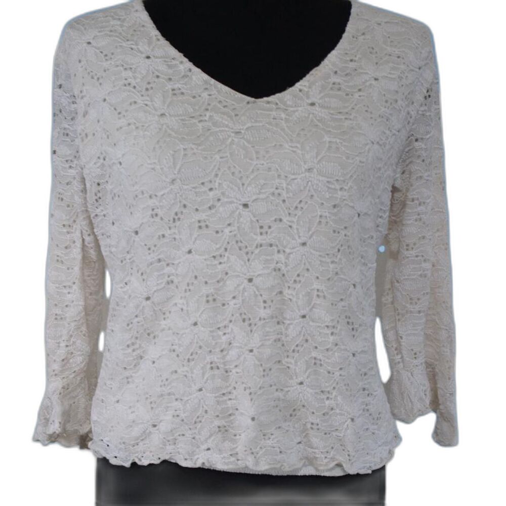 Vintage j.t.b Ivory Lace 3/4 Sleeve Blouse with Ruffle Trim
